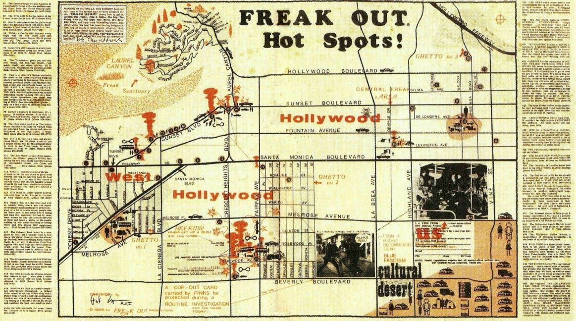 Mapa de los “¡Clubes Desmadrados de Moda!” (en la portada interna derecha de las primeras copias estadounidenses de “Freak Out!”)