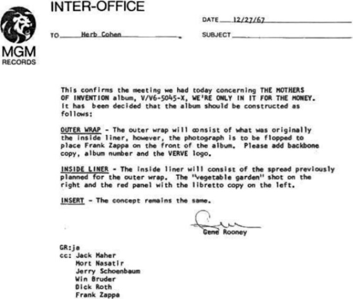  MGM letter about “We’re Only in It for the Money” cover