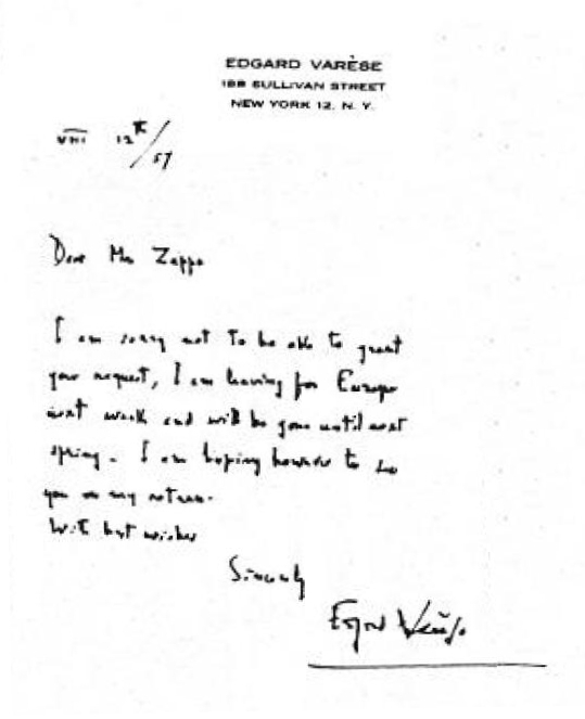 Lettera di Edgard Varèse a Frank Zappa